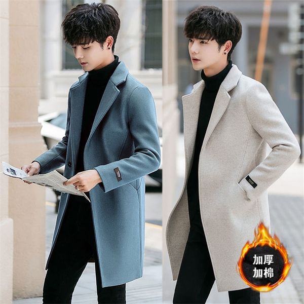 

men's wool blends winter thick warm trench men's mid-length woolen coats luxury business slim male trench jacket overcoat plus siz, Black