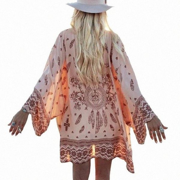 

fashion women summer chiffon blouse beach boho kimono cardigan floral printed long sleeve casual loose cover up women's blouses & shirt, White