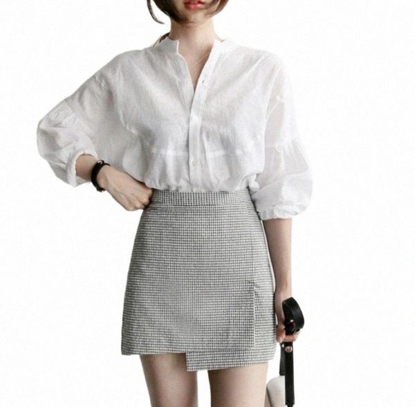 

fall 2021 puff sleeves white blouse womens casual loose mid sleeve v neck shirts ladies office solid fashion blouses women's & r6w4#