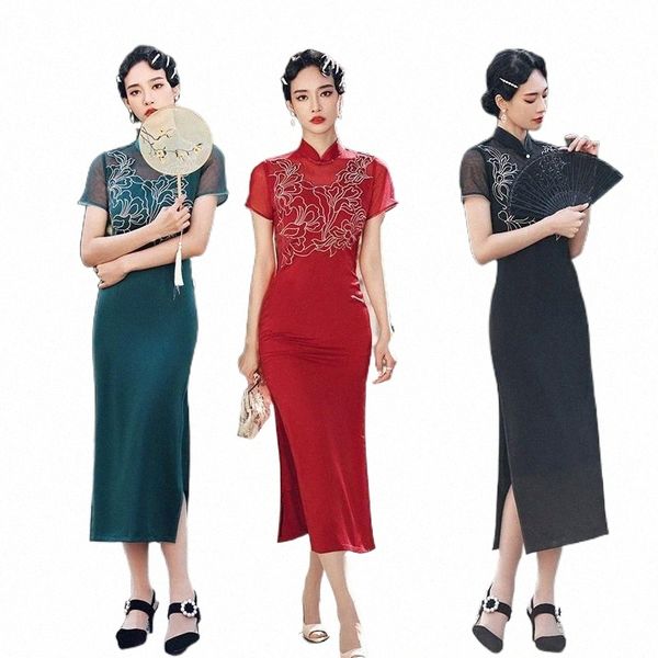 

2021 spring new improved qipao acetate chinese women cheongsam daily girly yarn hollow traditional high slit lady clothing w86p#, Red