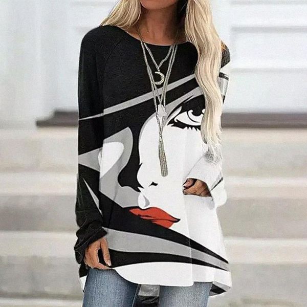 

2021 new arrival women casual long sleeve t-shirt abstract face print t-shirt autumn fashion elegant tee shirt 18 colors a7k0#, White