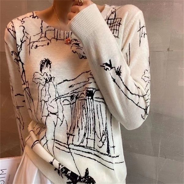 

women's knits tees refined imitation wool knit t-shirt women's long sleeve graffiti digital jacquard pullover ladies sweater summe, White