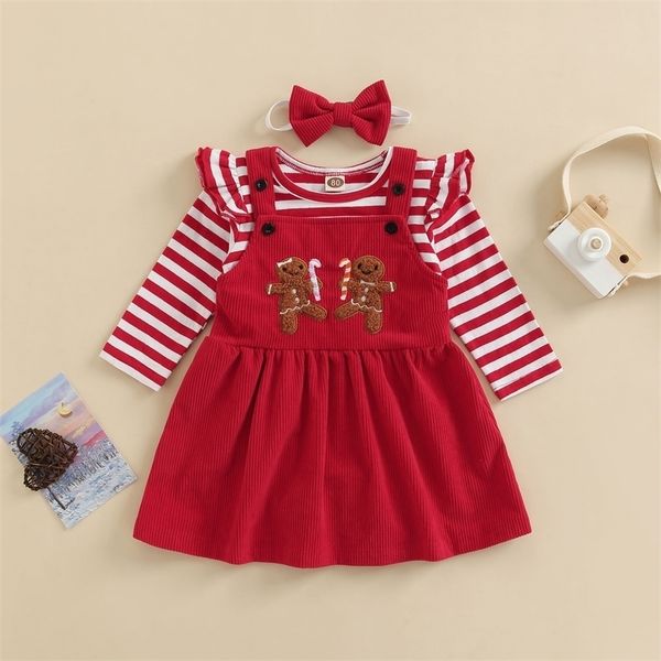 

clothing sets citgeett autumn christmas infant girl stripe print long sleeves ruffle romper embroidered bib dress clothes xmas set 220915, White