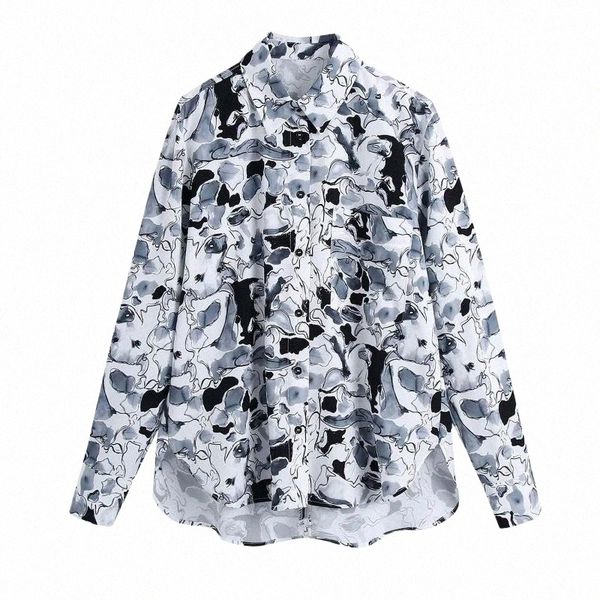 

women's blouses & shirts vintage chic pocket ink style print blouse women fashion turn-down collar long sleeve female elegant 75ip#, White