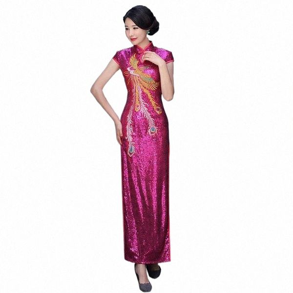 

bling sequins lady embroidery phoenix cheongsam slim straight dresses short sleeve chinese dress show evening gown vestidos b59u#, Red