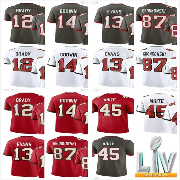 

12 tom brady 87 rob gronkowski 14 chris godwin 45 devin white 13 mike evans red white grey stitched football men's nfl's jerseys, Black;red