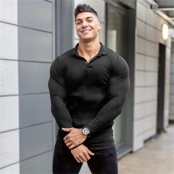 

men's polos spring autumn fashion men long sleeve knitted shirt fitness clothing slim fit strips tshirt male brand gym tees 220915, White;black