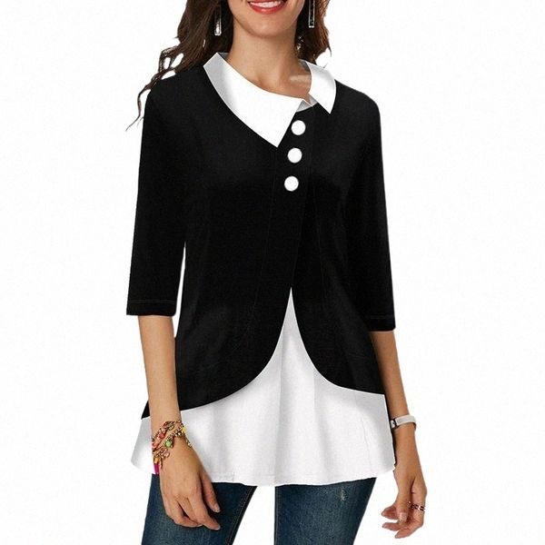 

patchwork blouse shirt women tunic turn down collar three quarter cotton female and blouses button irregular shirts blusas women's & k, White