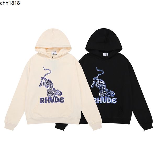 

high version autumn and winter new american street rhude leopard print os loose hooded hoodie for men and women, Black
