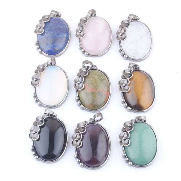 

vintage egg shaped natural stone pendant antique silvers color plated pendants flower charm jewelry women men bn418, Silver