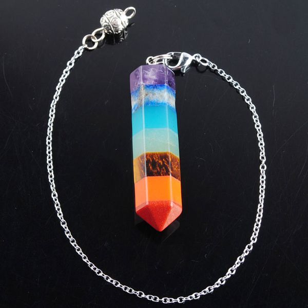

Pyramid Rainbow 7 Chakra Pendant Necklace Layered Healing Dowsing Reiki Pendulum Natural Stone With Chain BN348