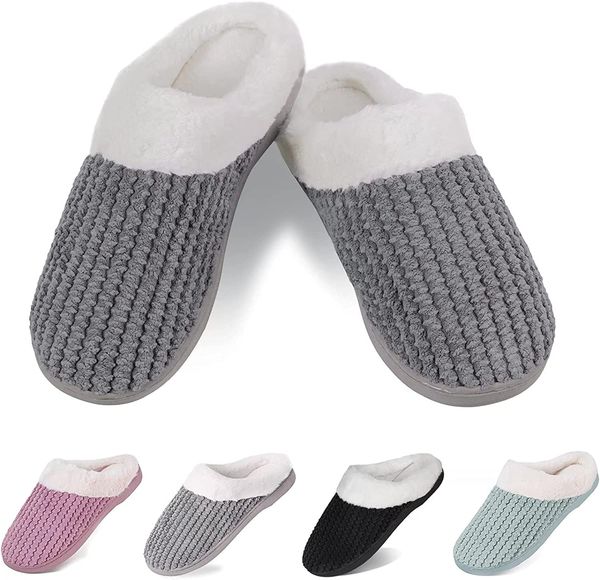

winter knit slippers women's warm memory foam non-slip home shoes grey, Black