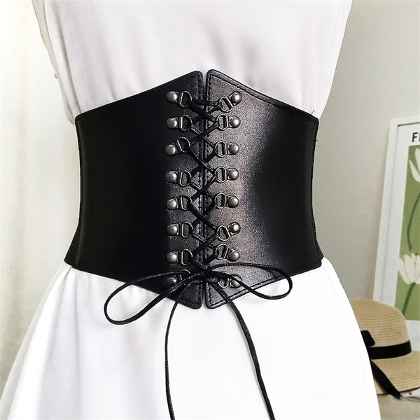 

belts corset punk black wide belt pu leather slimming body belts for women elastic high waist belt female cummerbunds 220916, Black;brown