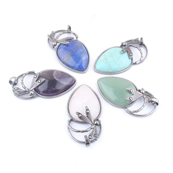 

natural stone water drop pendant dragonfly turquoises lapis aventurine quartz bronze ancient silvers jewelry bn416, Silver