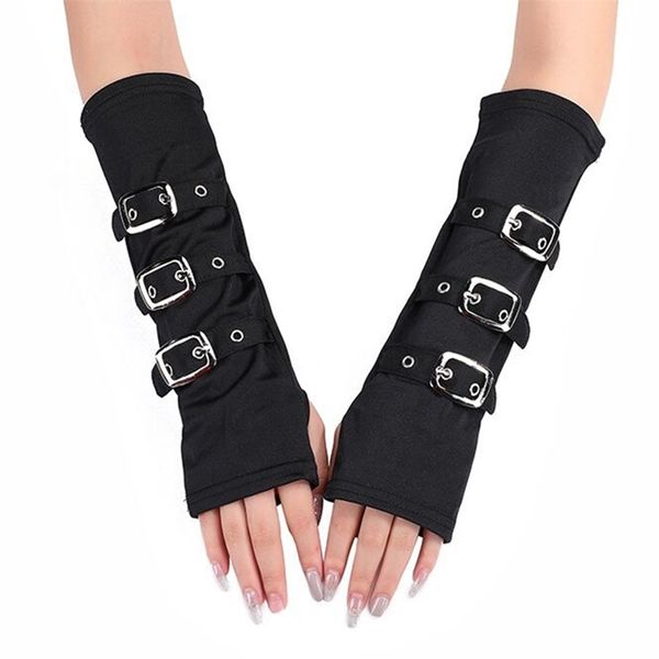 

five fingers gloves womens wristband mitten 28cm half finger belt rivet punk hiphop party cosplay black elastic fingerless milk silk glove r, Blue;gray