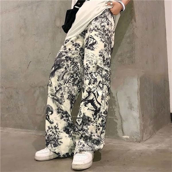 

women's pants capris harajuku wide leg cargo pants streetwear women korean style punk ink graffiti trousers pantalones mujer vintage ti, Black;white