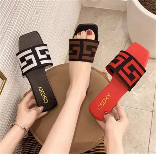 

2022 women slides flat slippers womens slide shoe ladies flip flops knitted summer beach geometric print slipper fashion scu866, Black