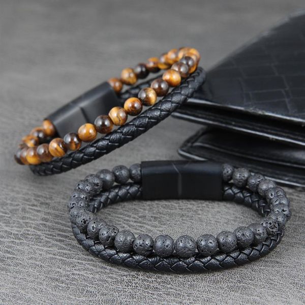 

charm bracelet men multilayer leather braided rope natural stone beads stainless steel magnetic clasp bangle punk jewelry with a velvet261i, Golden;silver