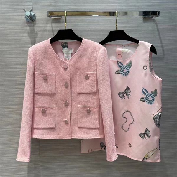

women's pink jackets high version new fashion pocket outfit with vest two pieces of cherry blossom coat lady autumn outwear, Black;brown