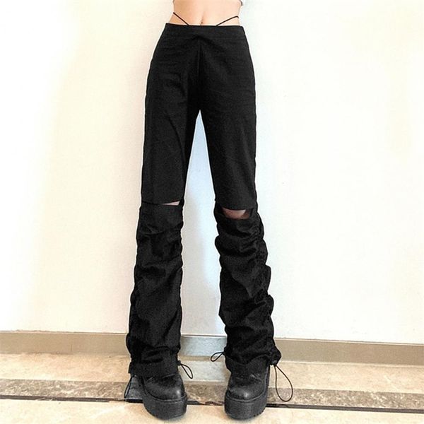 

women's pants capris women pants high waist loose trousers black stacked pleated hollow trousers for daily wear 220916, Black;white