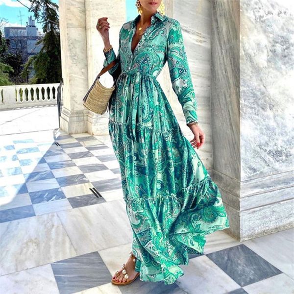 

casual dresses summer loose boho maxi beach turn-down collar button long shirt women spring floral print pleated party 220915, Black;gray