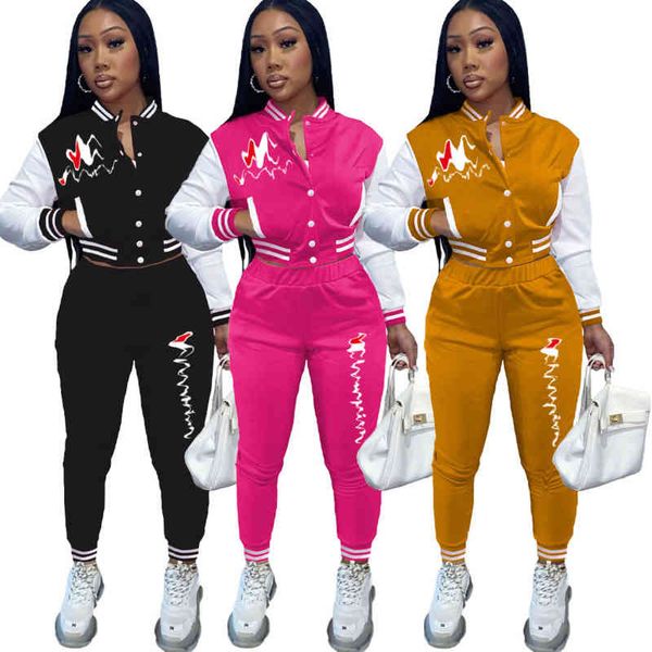 

q6069 autumn women's suit casual embroidered baseball jersey pants two piece set, White