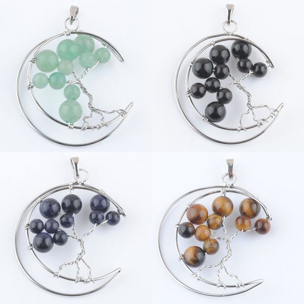 

crooked moon pendants silvers wire wrap tree of life round stone beads jewelry dangle charms bn453, Silver