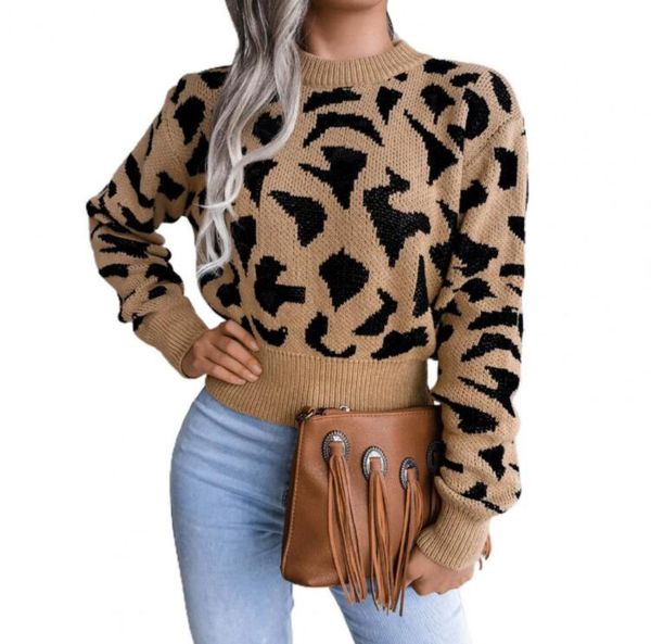 

women's sweaters fashion casual winter long sleeve leopard print knits loose crew neck sweaters, White;black