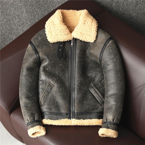 

men s leather faux b3 male coats vintage brown biker man clothing sheepskin genuine jacket winter warm shearling wool fur coat 220916, Black