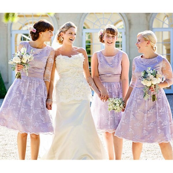 

full lace a line short country bridesmaid dresses with sash scoop neck half sleeves maid of honor dress 2023, White;pink