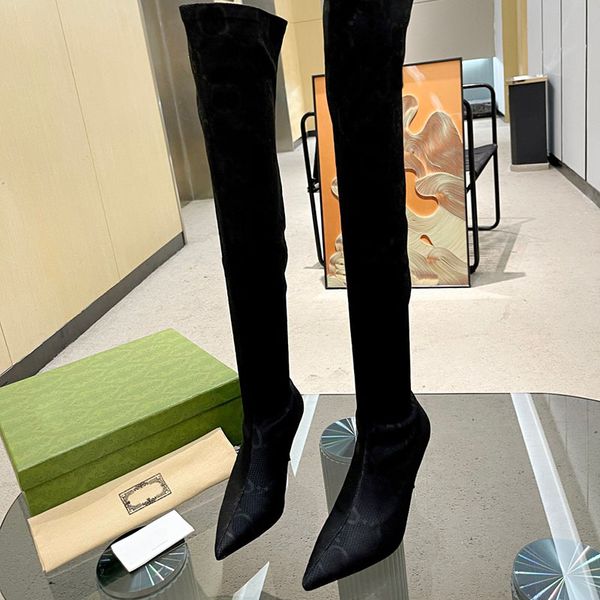 

designer boots for women fashion knitted socks boots luxury 2022 elastic bootss fine heel 8cm thigh high boot breathable elastics pointed to, Black