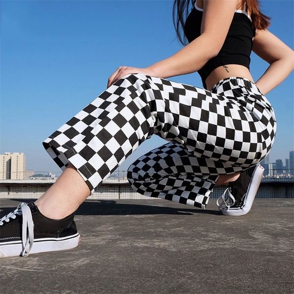 

women's pants capris plaid zipper checkered straight pants women elastic casual slim pockets long pants black white pencil pantalon fem