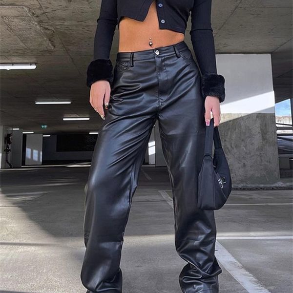 

women's pants capris pu leather high waist plain trousers women straight leg loose pu mom pants autumn black wide leg fashion casual ba, Black;white