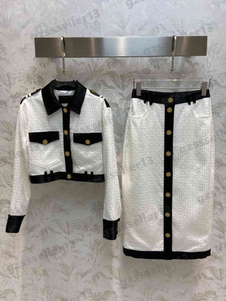 

womens two pieces dress fashion brand acetate jacquard logo dress suit classic contrast lapel jacket and high waist skirt sets designer wome, White