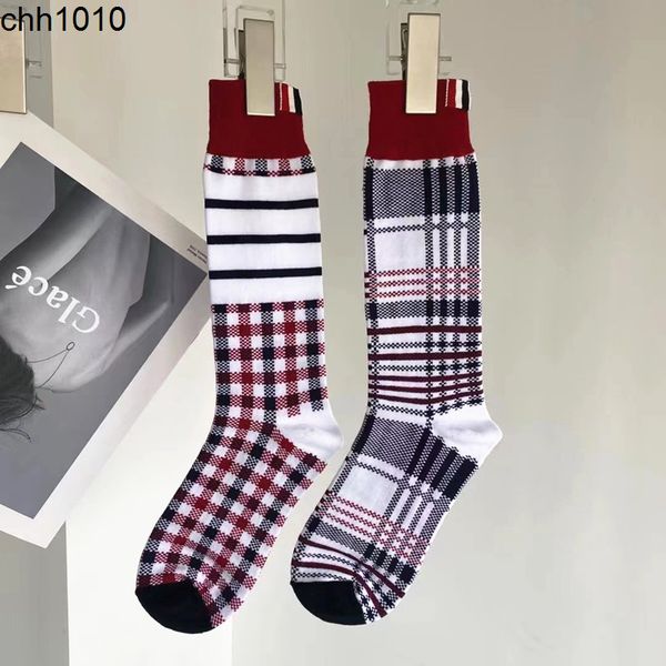 

men's fashion brand tb new cloth logo four bars ab surface color contrast checker middle tube socks european asymmetrical stripe mesh r, Black
