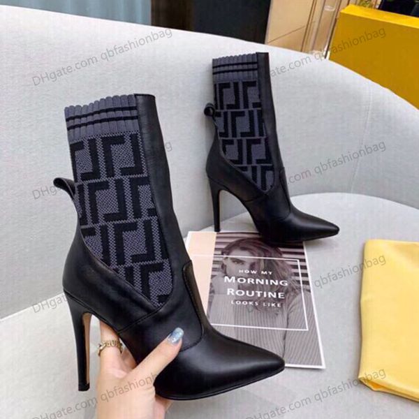

early fall womens pointed-toe knitted ankle boots stiletto with heels designer classic black retro slip on half booties western knight luxur