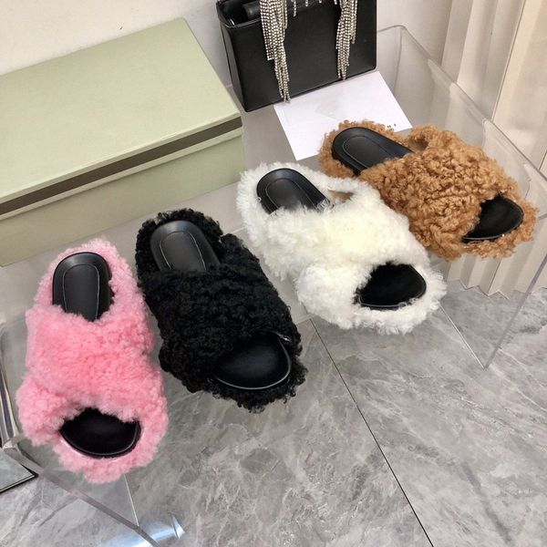

designer fashion womens slippers weave winter big head flat bottom warm cross teddy wool half slipper brown raffia leather black pink shearl
