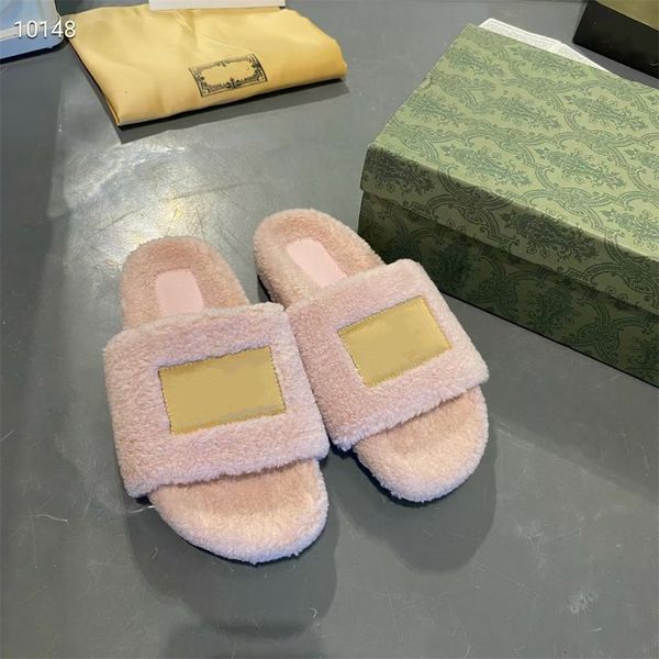 

2022 designer woman fur slippers slide womans l sandals slides embroidered warm winter indoor soft comfortable letter slipper black pink gre