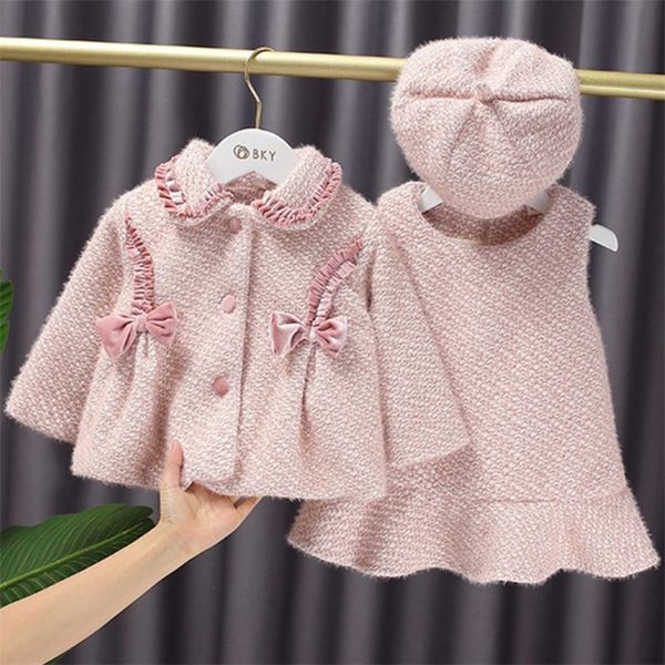 

clothing sets fashion warm winter princess clothes set children kids baby bow coatvelvet tank-dress hat girls christmas outwear suit 220916, White