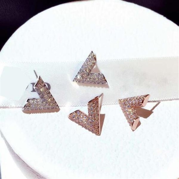 

full crystal zirconia cz stud earrings fashion v letter triangle cute shining diamond earring jewelry gift276a, Golden;silver