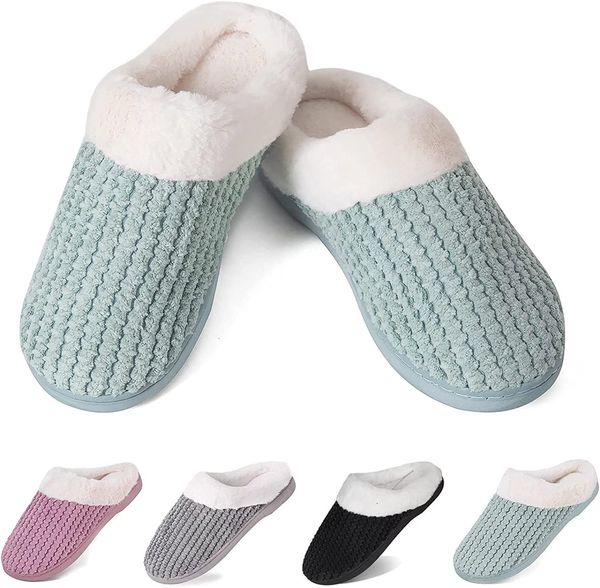 

winter knit slippers women's warm memory foam non-slip home shoes, Black