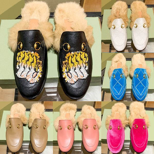 

designer slipper princetown embroidered horsebit slide mules wool slippers women shoes black white fuchsia velvet leather tiger embroidered