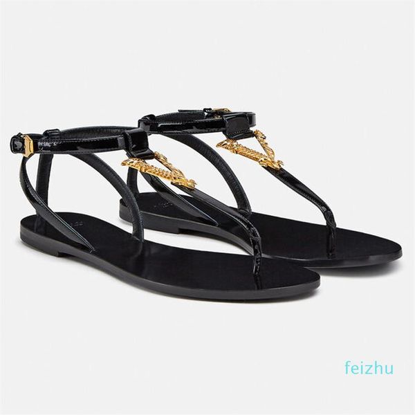 

sandals leather slides gold button v women's slippers flat strap beach summer shoes221p, Black