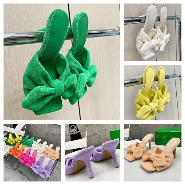 

design bow tie sandals designer slides women towel stretch mules high-heeled sandal slide soft squared slipper heel height 9 cm summer flip, Black