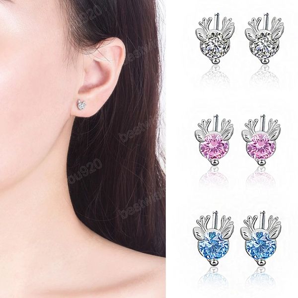 

cartoon animal deer stud earrings small antler earring for girls kid crystal stone christmas gift jewelry women earrings, Golden;silver