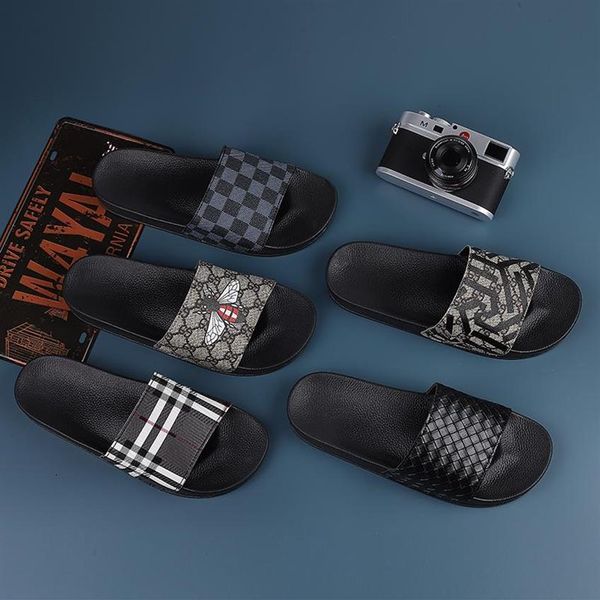 

luxury checkered pattern slippers designer mens non-slip and comfortable rubber slides sandals with flower outdoor beach casual flip fl219b, Black