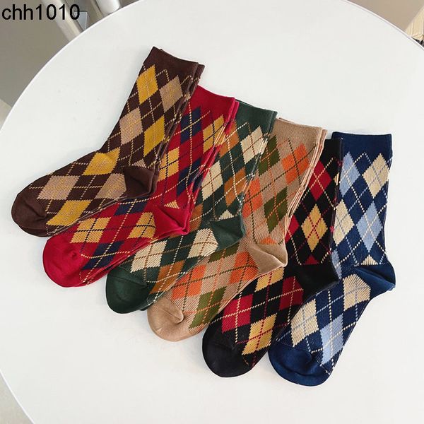 

men's socks trendy double needle rhombic plaid for women's ins medium tube cotton socks rhombic line college stockings, Black