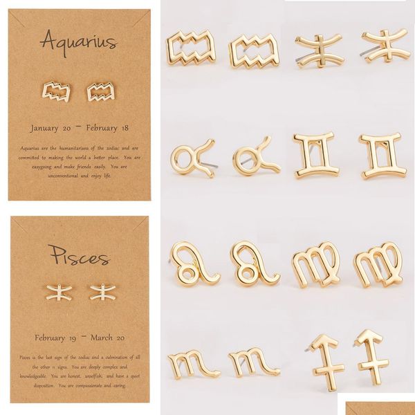 

stud european and united states fashion constellation sign stud earring gold 12 zodiac earrings with gift card 247 w2 drop delivery 2 dhohk, Golden;silver