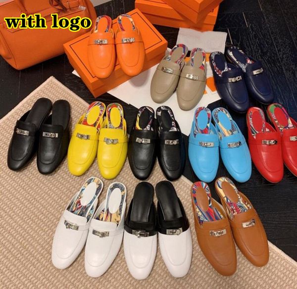 

summer women slippers lazy sandals genuine leather half mop metal h-button fashionable flat slippers 35-42 no box, Black