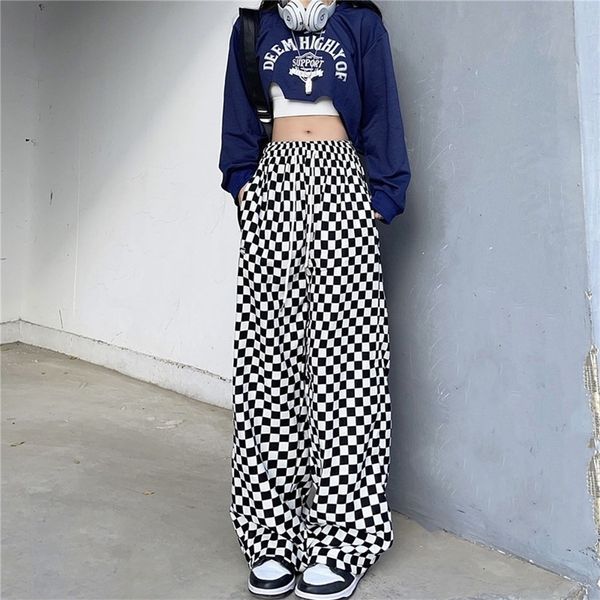 

women's pants capris mingliusili vintage checkerboard wide leg pants women spring fashion plaid pants high waist baggy streetwear casua, Black;white